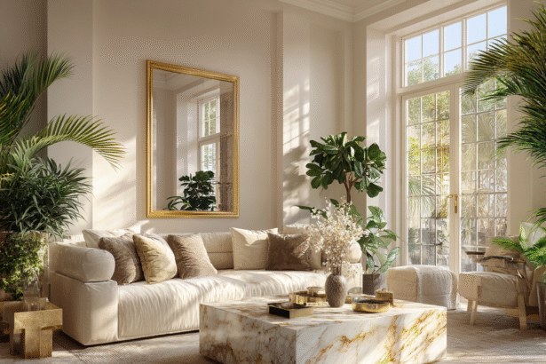 Elegant Feng Shui living room featuring a marble coffee table, gold-framed mirror, indoor plants, and natural sunlight—symbolizing Earth, Water, Metal, and Wood elements.