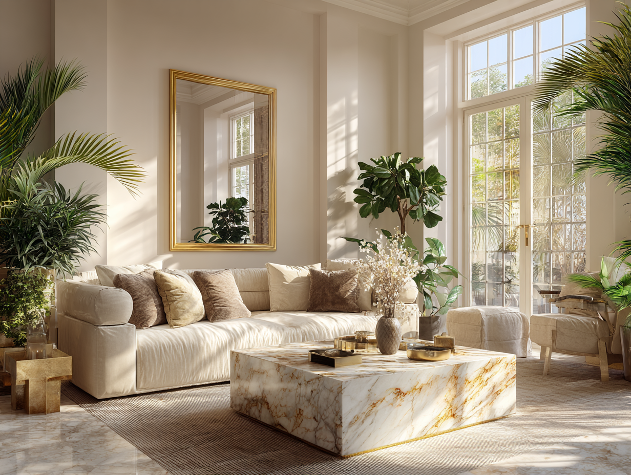 Elegant Feng Shui living room featuring a marble coffee table, gold-framed mirror, indoor plants, and natural sunlight—symbolizing Earth, Water, Metal, and Wood elements.
