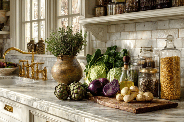 Fresh vegetables, legumes, olive oil, and herbs arranged on a marble kitchen counter — foods that support healthy cholesterol and heart health.