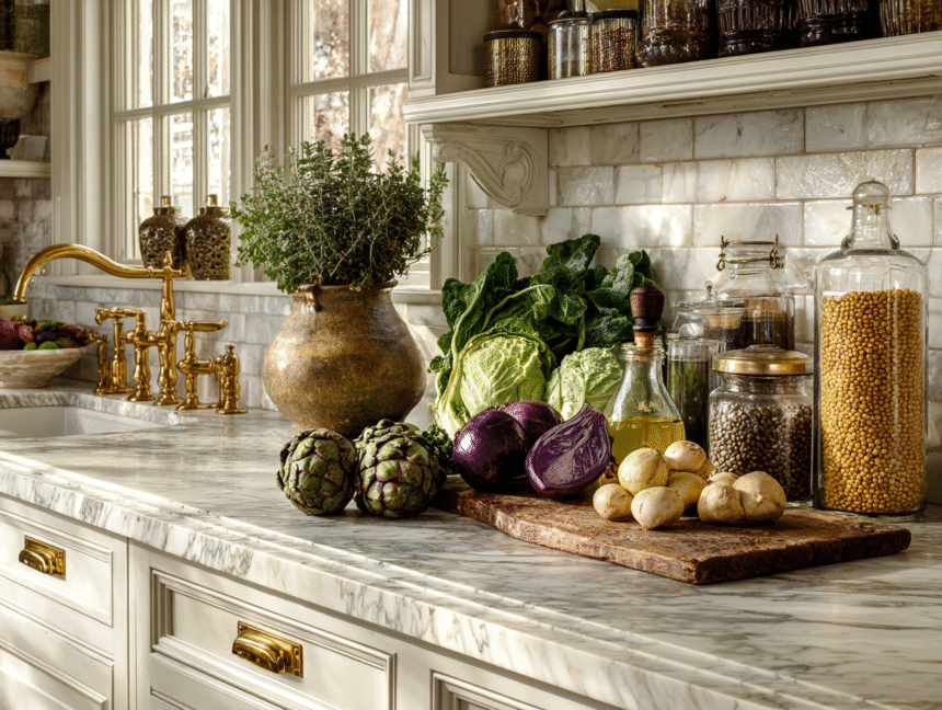 Fresh vegetables, legumes, olive oil, and herbs arranged on a marble kitchen counter — foods that support healthy cholesterol and heart health.