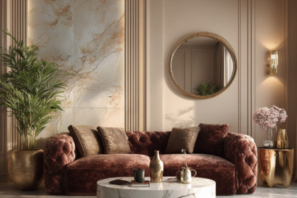 Elegant living room with gold accents, round mirror, velvet sofa, and marble coffee table