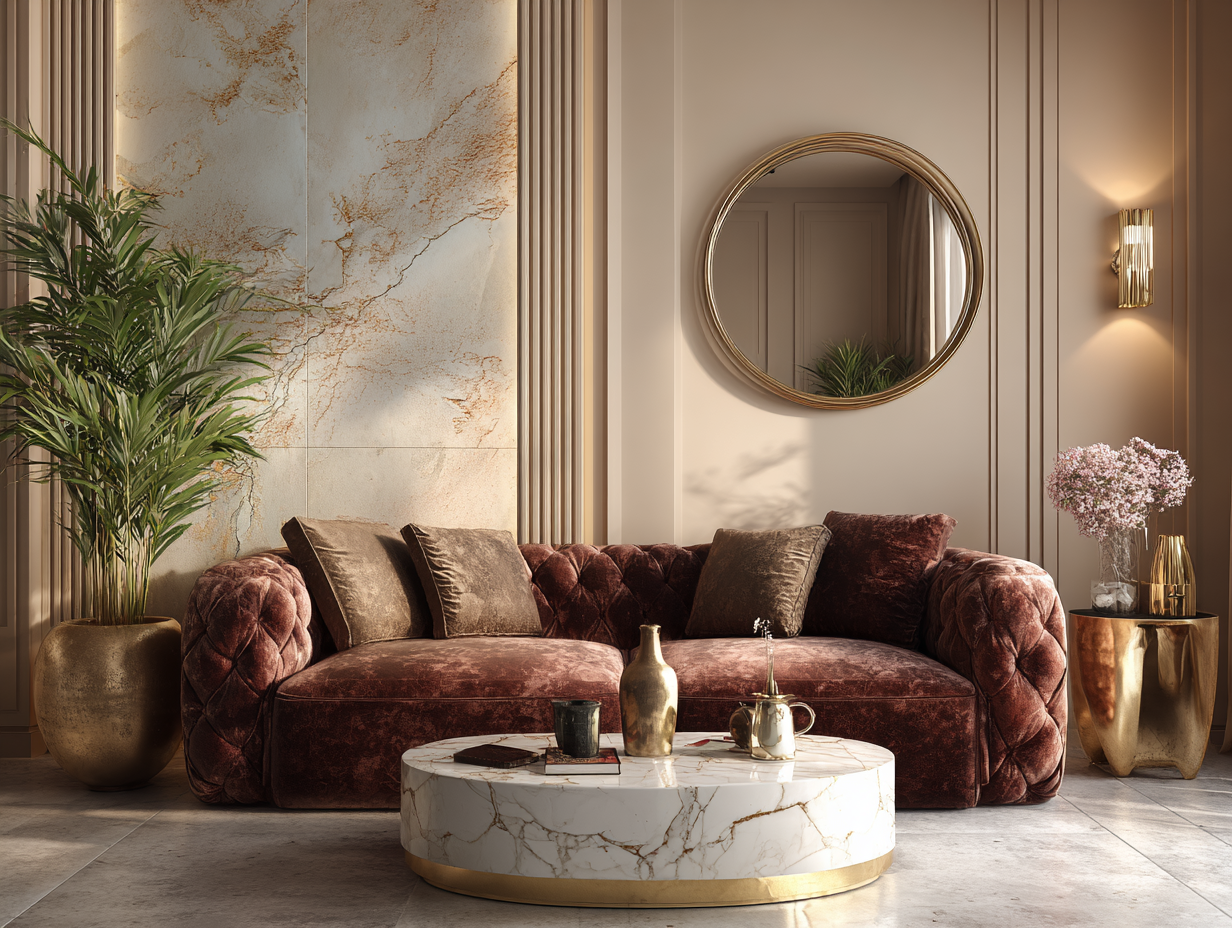 Elegant living room with gold accents, round mirror, velvet sofa, and marble coffee table