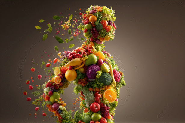 A human silhouette made of vibrant fruits and vegetables, symbolizing the connection between food and gut health