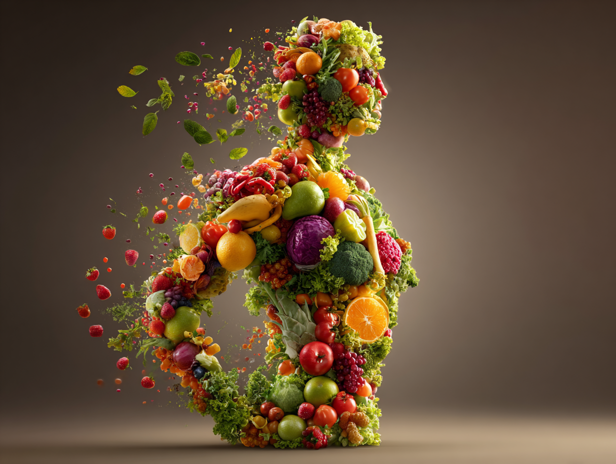 A human silhouette made of vibrant fruits and vegetables, symbolizing the connection between food and gut health