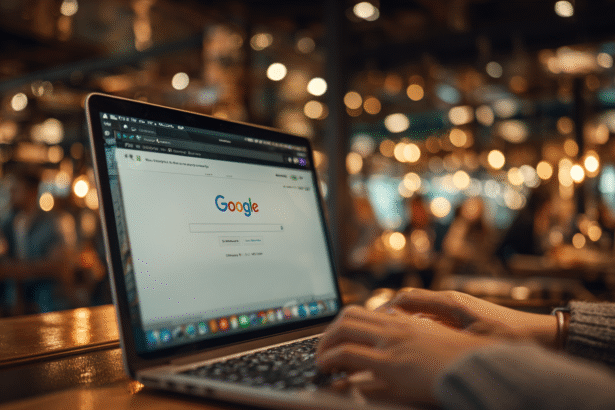 Laptop screen with Google homepage open, hands typing at a café table with blurred lights in the background
