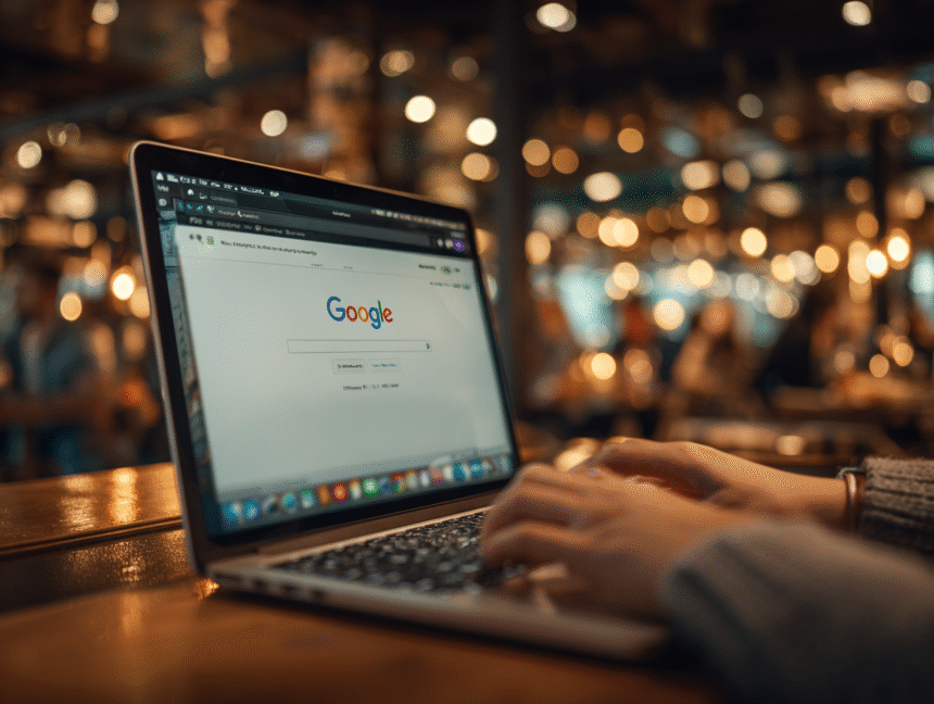 Laptop screen with Google homepage open, hands typing at a café table with blurred lights in the background