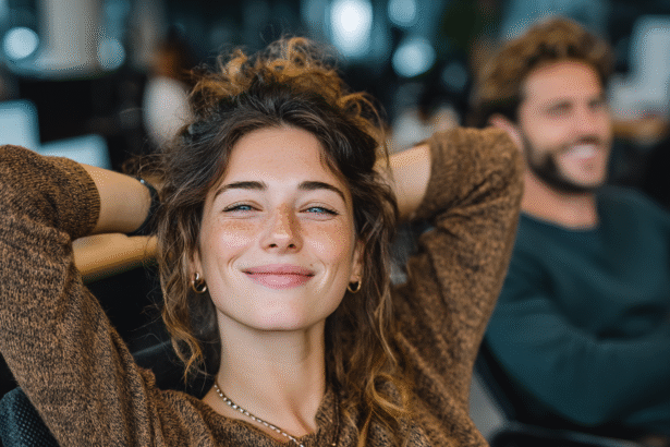 Smiling woman confidently outsourcing tasks online in a modern office