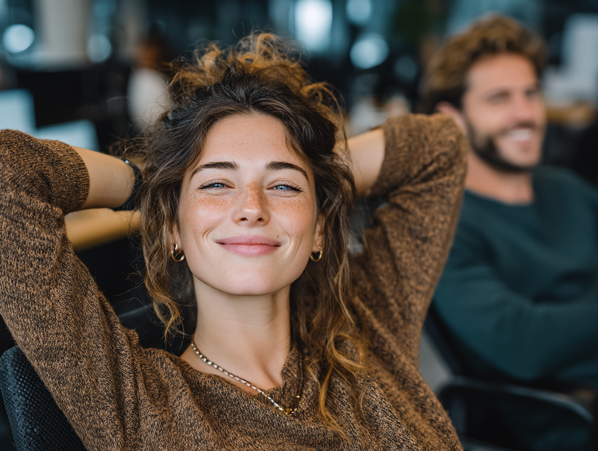 Smiling woman confidently outsourcing tasks online in a modern office
