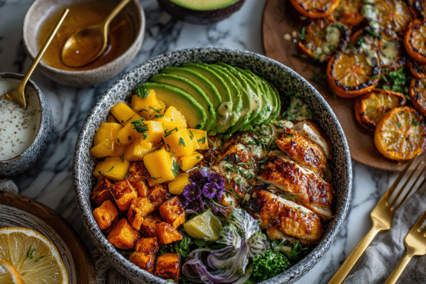 Grilled chicken with sweet potatoes, avocado, and mango served in a high-protein, high-fiber bowl