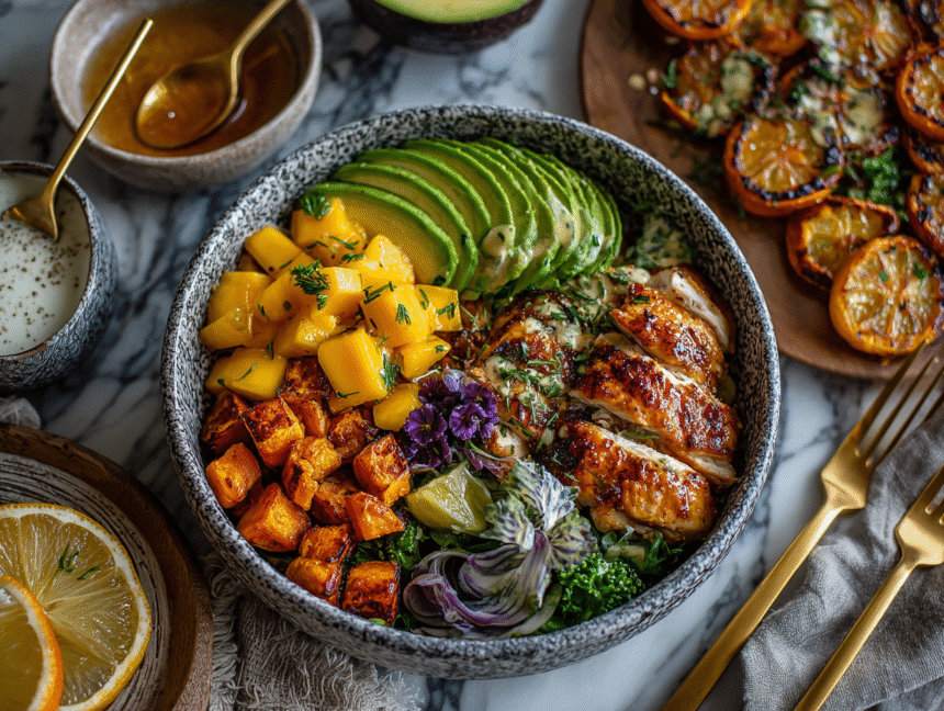 Grilled chicken with sweet potatoes, avocado, and mango served in a high-protein, high-fiber bowl