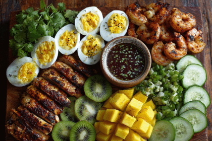Grilled chicken, shrimp, eggs, and fruit on a high-protein platter