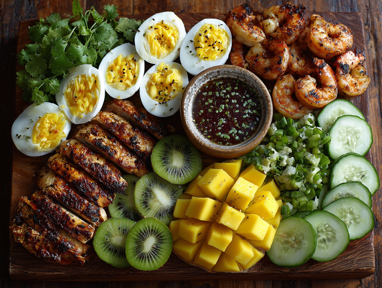Grilled chicken, shrimp, eggs, and fruit on a high-protein platter