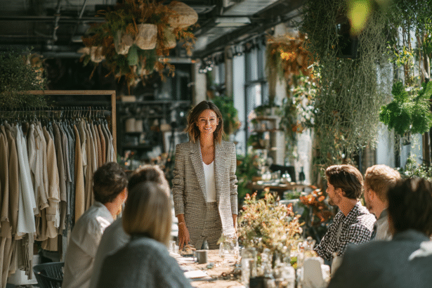 A confident woman in a checkered suit leading a creative team meeting in a beautifully designed, plant-filled workspace.