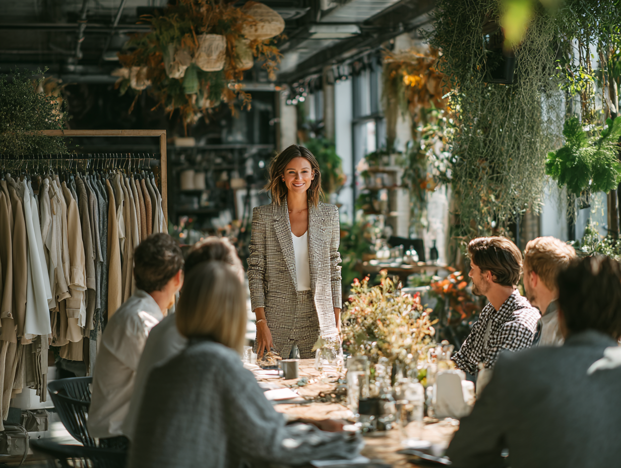 A confident woman in a checkered suit leading a creative team meeting in a beautifully designed, plant-filled workspace.