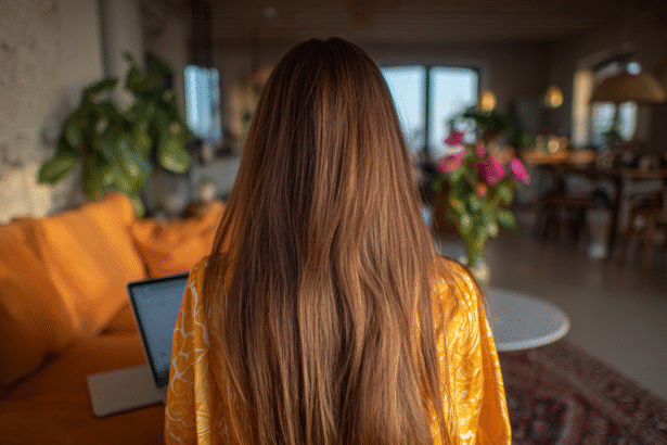 A woman with long brown hair sitting on a mustard couch, working on a laptop in a warm, softly lit living space.