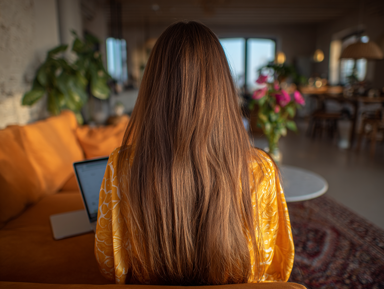 A woman with long brown hair sitting on a mustard couch, working on a laptop in a warm, softly lit living space.