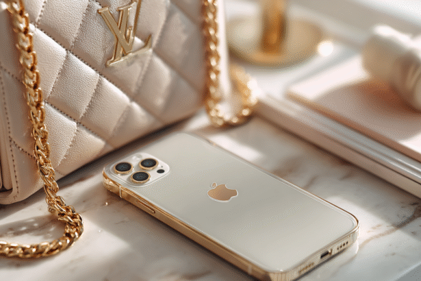 Elegant gold iPhone placed next to a luxury Louis Vuitton purse on a marble table with soft sunlight