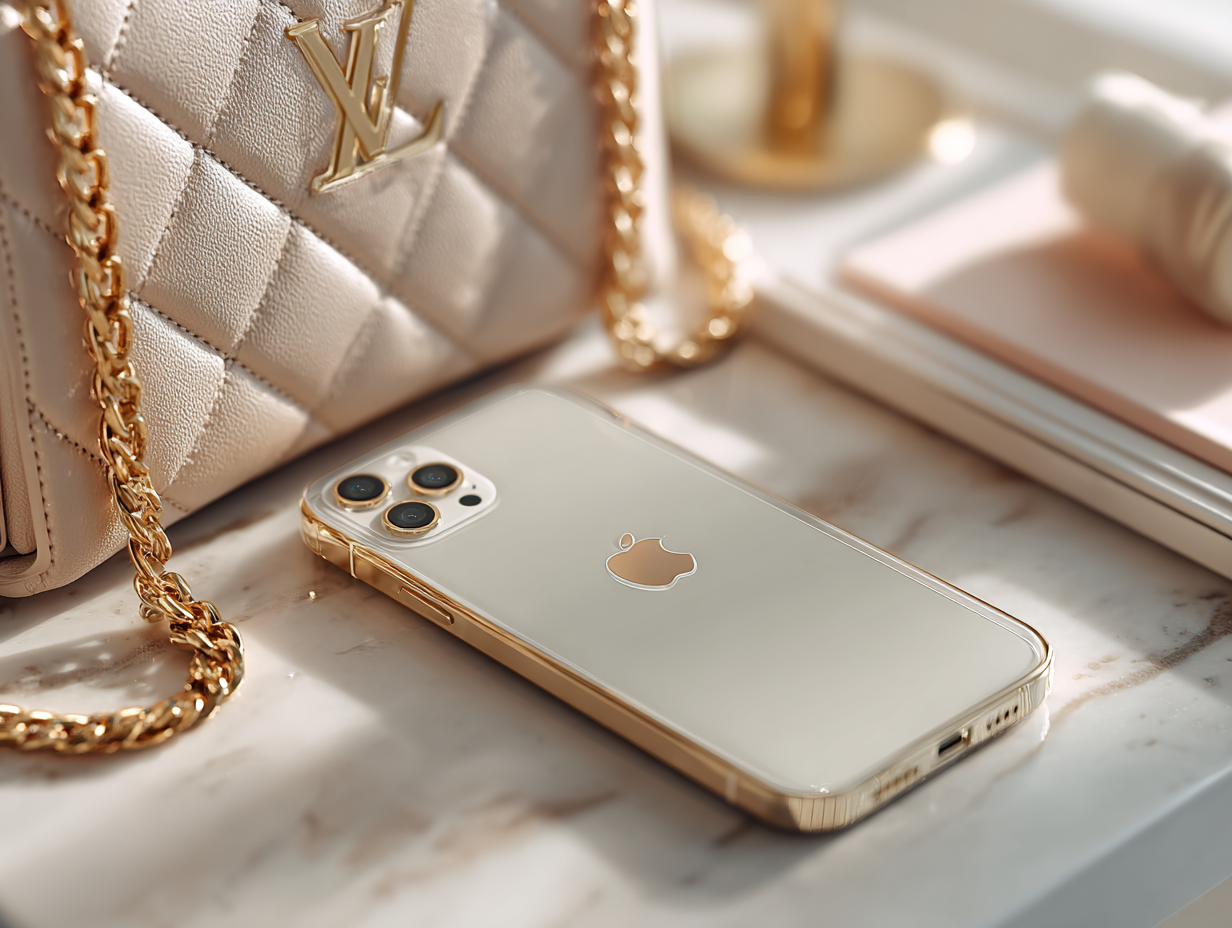 Elegant gold iPhone placed next to a luxury Louis Vuitton purse on a marble table with soft sunlight