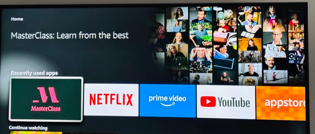 TV screen showing MasterClass app selected on Amazon Firestick interface