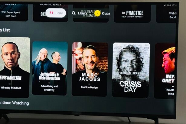 TV screen showing MasterClass course list with Marc Jacobs, Jeff Goodby, and Lewis Hamilton