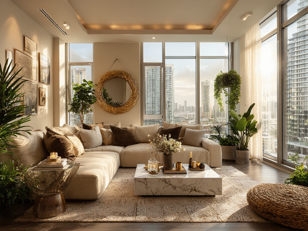 A cozy, intentional living room with a soft beige sofa, marble coffee table, gold-framed mirror, and natural textures on a stone accent wall