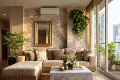 A warm, intentionally styled living room with an oversized cream sectional, golden accents, marble coffee table, and lush greenery