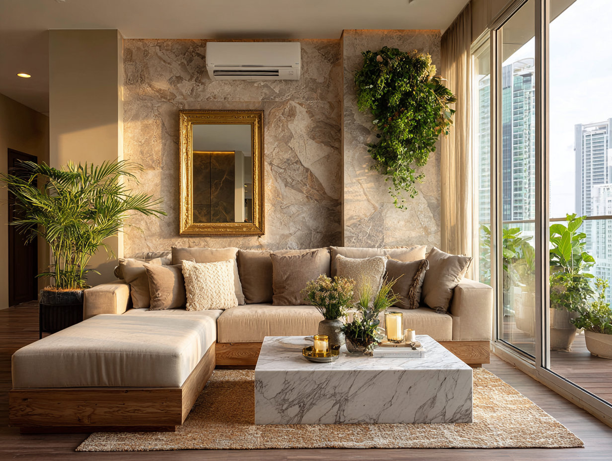 A warm, intentionally styled living room with an oversized cream sectional, golden accents, marble coffee table, and lush greenery