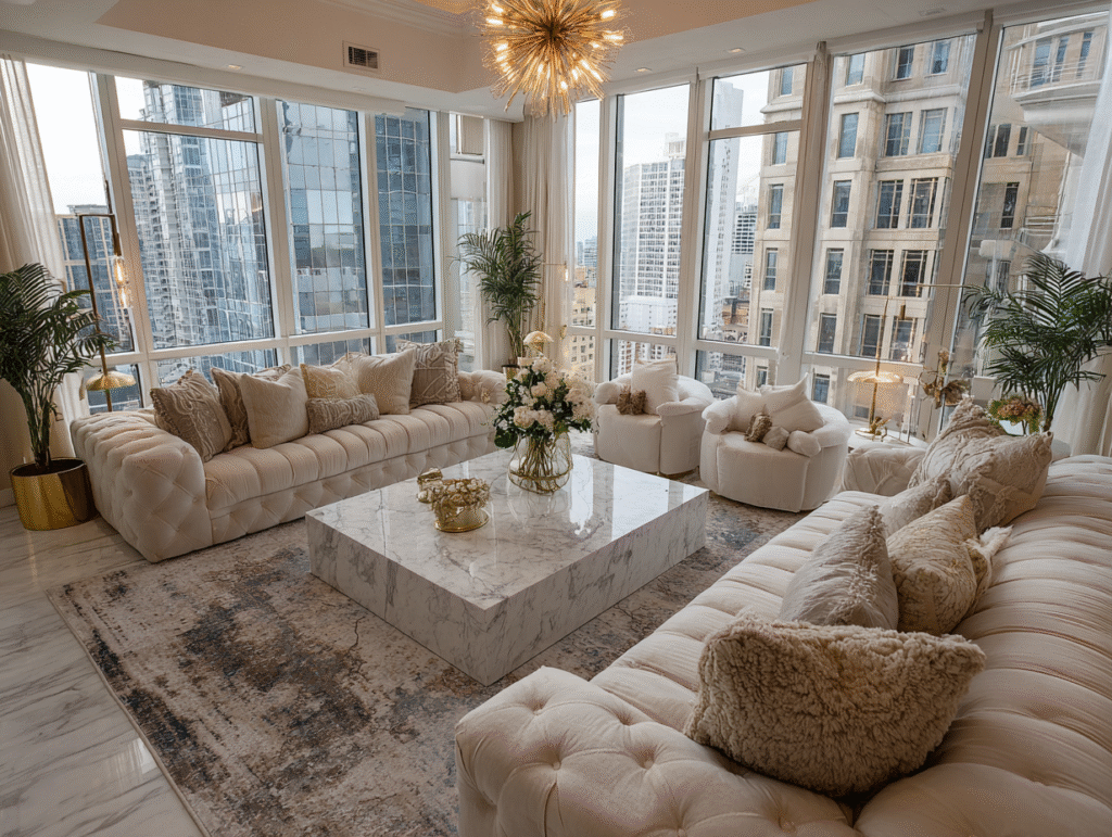 Ivory velvet sofas and armchairs in a bright apartment living room with a marble coffee table and floor-to-ceiling city views