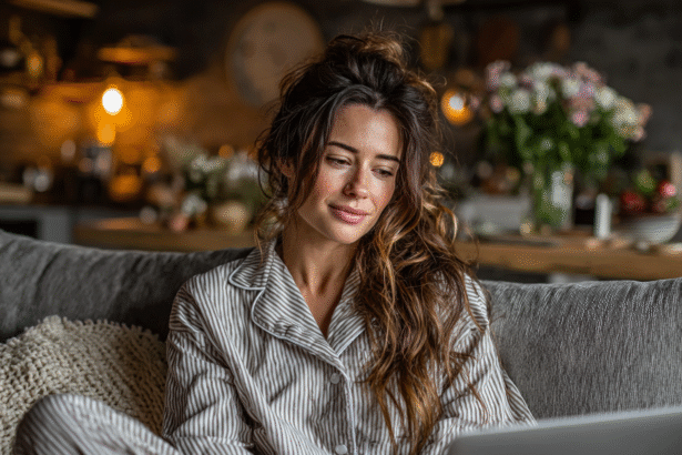 Woman in striped pajamas learning on laptop in a cozy home setting