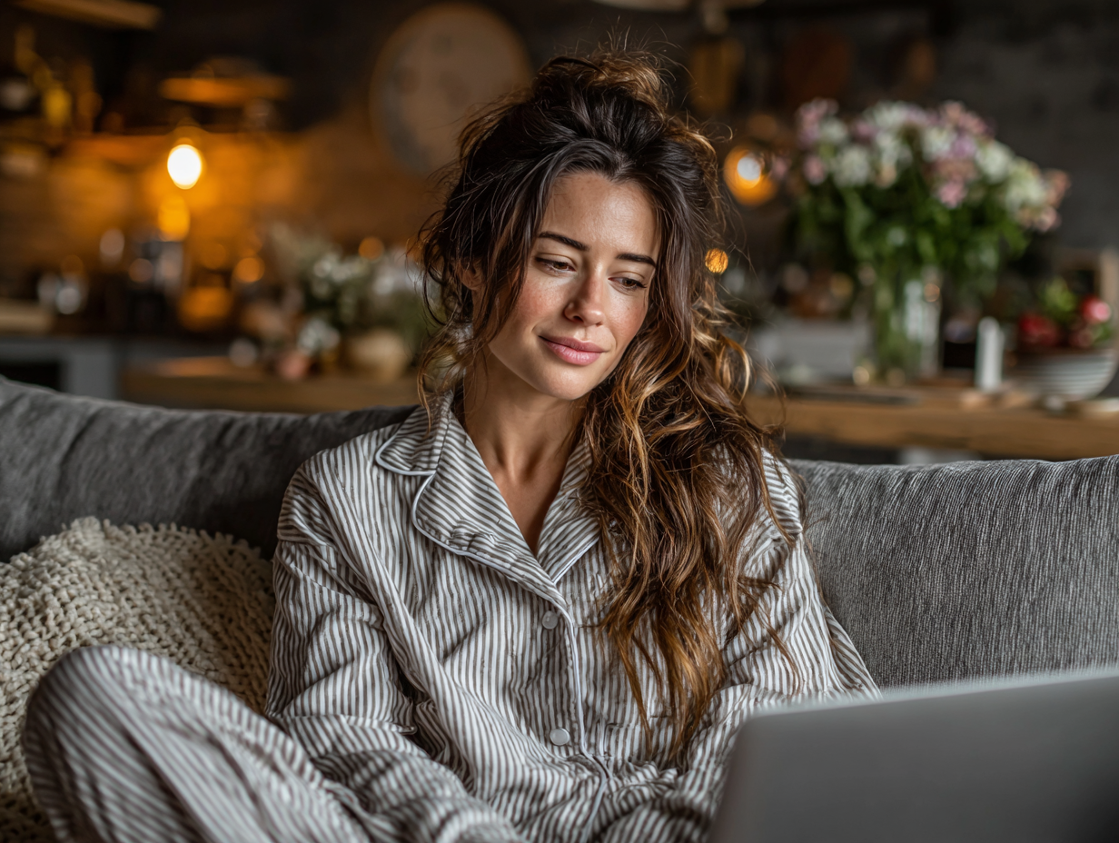 Woman in striped pajamas learning on laptop in a cozy home setting