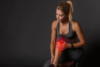 Woman in athletic wear holding inflamed knee with red pain highlight