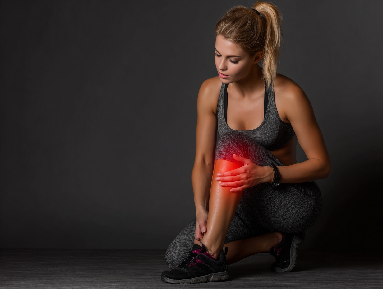 Woman in athletic wear holding inflamed knee with red pain highlight