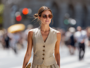 Woman in a beige linen vest and sunglasses walking through a city in summer