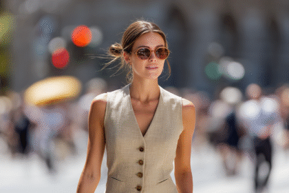 Woman in a beige linen vest and sunglasses walking through a city in summer