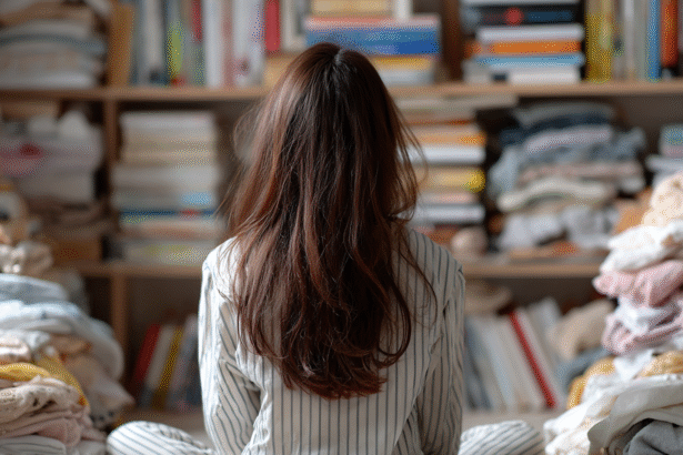 Woman sitting in a room surrounded by books and clothes while decluttering
