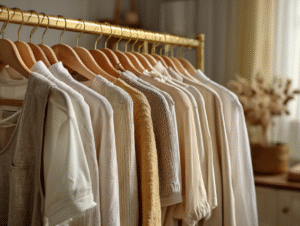Neutral-toned summer clothing on a gold rack including linen, cotton, and knitwear