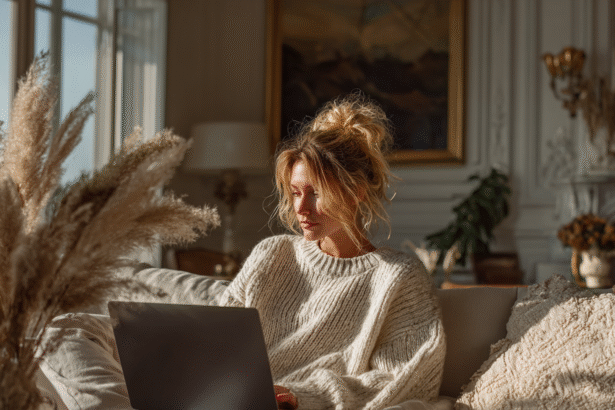 A woman in a cozy sweater using a laptop at home for online learning