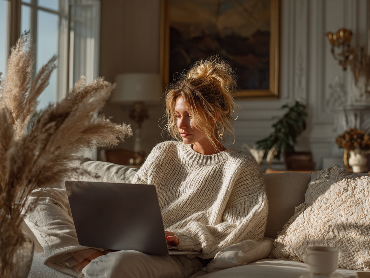 A woman in a cozy sweater using a laptop at home for online learning