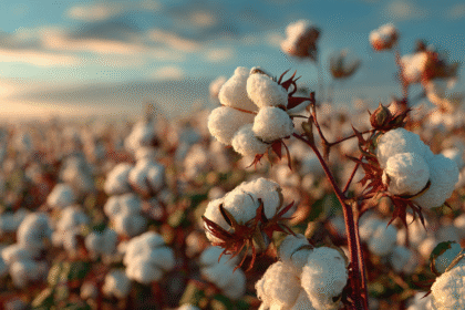 Close-up of cotton plants in a sunlit field, representing sustainable fabric sourcing
