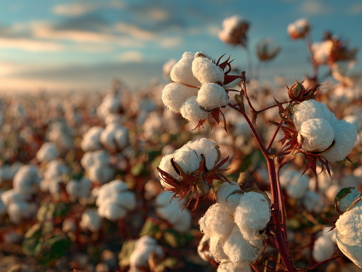 Close-up of cotton plants in a sunlit field, representing sustainable fabric sourcing