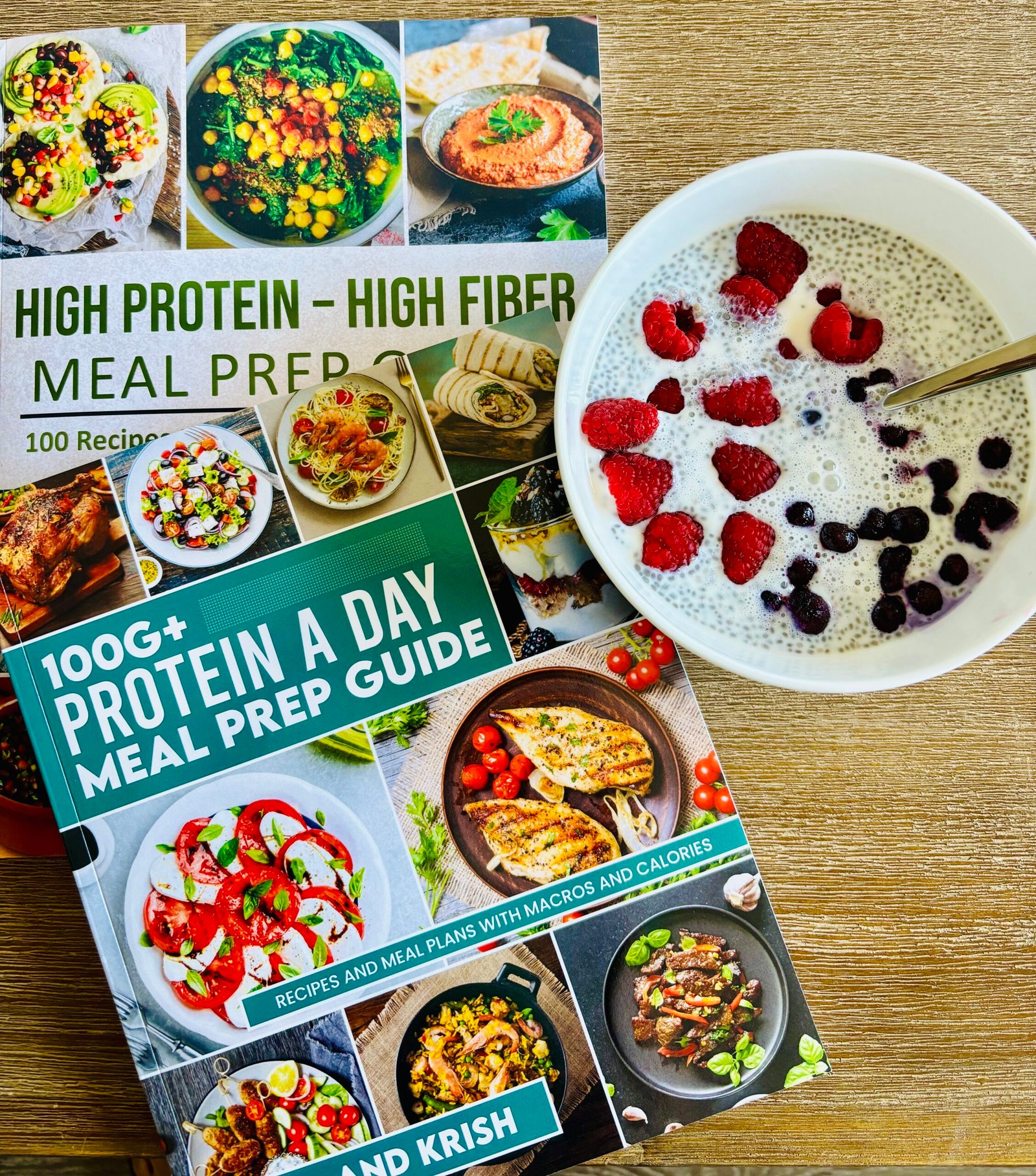 Stack of high-protein books published through print-on-demand with no inventory