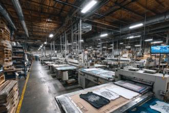 Wide view of an apparel production facility with printed T-shirts on automated machines