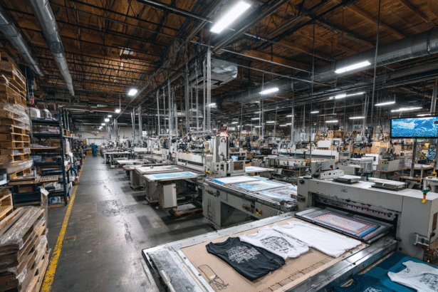 Wide view of an apparel production facility with printed T-shirts on automated machines