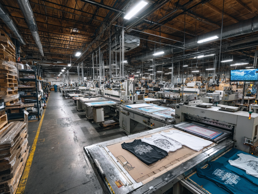 Wide view of an apparel production facility with printed T-shirts on automated machines