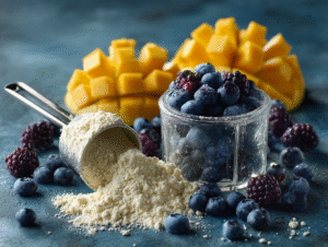 Protein powder with blueberries, blackberries, and mango