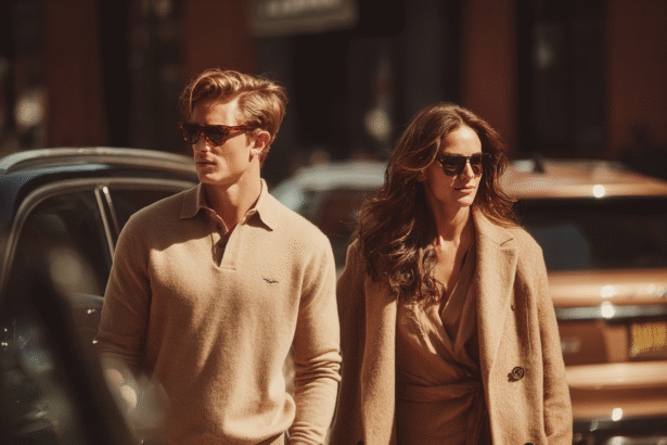 Stylish man and woman dressed in quiet luxury outfits in beige tones, walking confidently in a city setting.