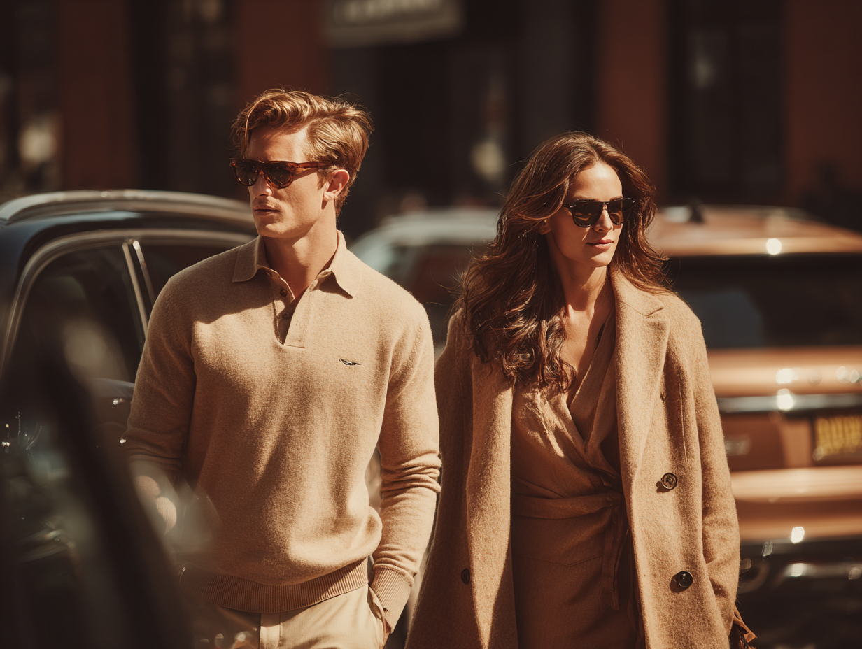 Stylish man and woman dressed in quiet luxury outfits in beige tones, walking confidently in a city setting.