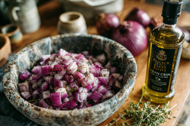 Finely chopped red onions in a rustic stone bowl with olive oil bottle and thyme sprigs