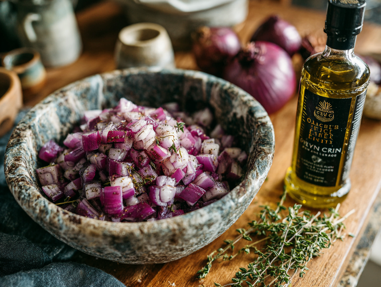 Finely chopped red onions in a rustic stone bowl with olive oil bottle and thyme sprigs