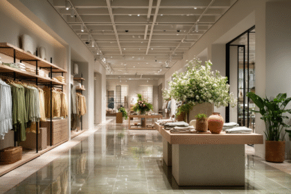 Modern minimalist fashion retail store interior featuring natural tones, folded clothing, and clean architectural design
